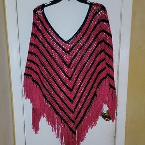 Pink and Black Fringe Poncho